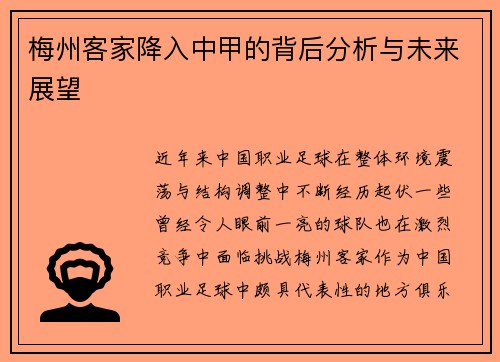 梅州客家降入中甲的背后分析与未来展望